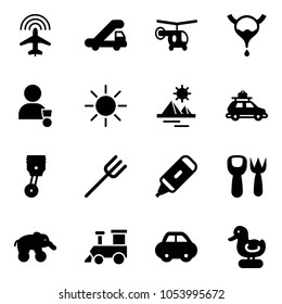 Solid vector icon set - plane radar vector, trap truck, helicopter, bladder, winner, sun, pyramid, car baggage, piston, farm fork, marker, shovel toy, elephant wheel, train, duck