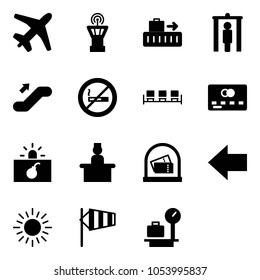 Solid vector icon set - plane vector, airport tower, baggage, metal detector gate, escalator up, no smoking sign, waiting area, credit card, terrorism, recieptionist, left arrow, sun, side wind