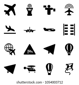 Solid vector icon set - plane vector, airport tower, traffic controller, radar, arrival, small, seats, globe, side wind road sign, paper fly, air balloon, helicopter, kite
