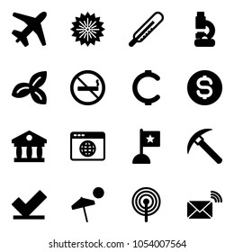 Solid vector icon set - plane vector, firework, thermometer, lab, three leafs, no smoking sign, cent, dollar coin, bank, browser globe, flag, rock axe, check, beach, antenna, wireless mail