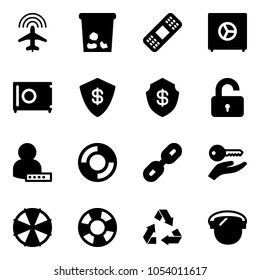Solid vector icon set - plane radar vector, trash, medical patch, safe, unlocked, user password, lifebuoy, link, key hand, parasol, recycling, protect glass