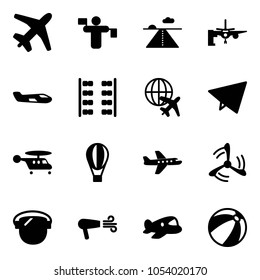 Solid vector icon set - plane vector, traffic controller, runway, boarding passengers, small, seats, globe, paper fly, helicopter, air balloon, wind mill, protect glass, dryer, toy, beach ball