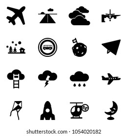 Solid vector icon set - plane vector, runway, clouds, boarding passengers, christmas landscape, no bus road sign, moon flag, paper fly, cloud ladder, storm, rain, kite, rocket, helicopter toy, lamp