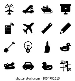 Solid vector icon set - plane radar vector, trap truck, santa sleigh, presentation board, server wireless, ruler, pencil, shovel, bulb, brush, duck toy, crocodile, car, Tic tac toe