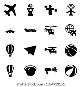 Solid vector icon set - plane vector, airport tower, traffic controller, radar, small, helicopter, globe, air balloon, paper fly, ball, protect glass, dryer, beach