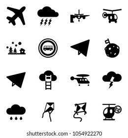 Solid vector icon set - plane vector, storm, boarding passengers, helicopter, christmas landscape, no bus road sign, paper fly, moon flag, cloud ladder, rain, kite, toy