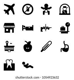 Solid vector icon set - plane vector, no mobile sign, baby, officer window, duty free, hotel, boarding passengers, baggage scales, airport building, apple, thermometer, stomach, tooth