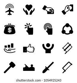 Solid vector icon set - plane radar vector, heart care, card pay, cash, purse, hand touch, cursor, social, growth, finger up, success, bucksaw, rubber hammer, jointer, clinch, metal hacksaw