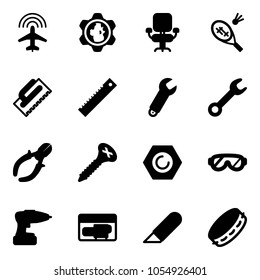 Solid vector icon set - plane radar vector, gear globe, office chair, badminton, trowel, ruler, wrench, side cutters, screw, nut, protective glasses, drill, generator, work knife, tambourine