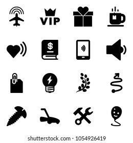Solid vector icon set - plane radar vector, vip, gift, tea, heart beat, annual report, mobile payment, low volume, attachment, idea, golden branch, trip, screw, lawn mower, wrench hammer