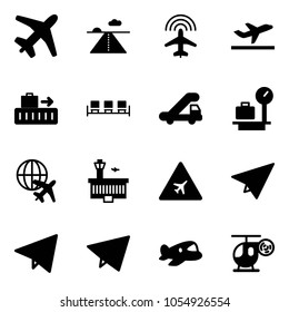 Solid vector icon set - plane vector, runway, radar, departure, baggage, waiting area, trap truck, scales, globe, airport building, road sign, paper, fly, toy, helicopter