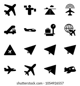 Solid vector icon set - plane vector, traffic controller, runway, radar, trap truck, small, baggage scales, globe, airport road sign, paper, fly, toy