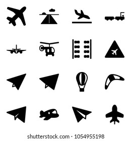 Solid vector icon set - plane vector, runway, arrival, baggage truck, helicopter, seats, airport road sign, paper, fly, air balloon, boomerang, toy