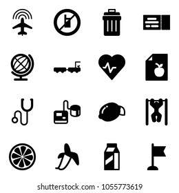 Solid vector icon set - plane radar vector, no mobile sign, trash bin, ticket, globe, baggage truck, heart pulse, diet list, stethoscope, tonometer, lemon, pull ups, slice, banana, milk, flag