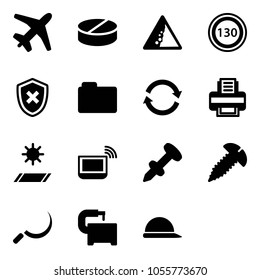 Solid vector icon set - plane vector, pill, landslide road sign, speed limit 130, shield cross, folder, refresh, printer, mat, notebook wi fi, nail dowel, screw, sickle, machine tool