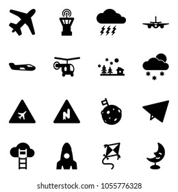 Solid vector icon set - plane vector, airport tower, storm, small, helicopter, christmas landscape, snowfall, road sign, abrupt turn right, moon flag, paper fly, cloud ladder, rocket, kite, lamp