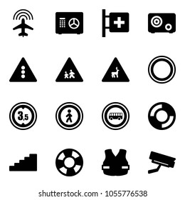 Solid vector icon set - plane radar vector, safe, first aid room, traffic light road sign, children, wild animals, prohibition, limited height, no pedestrian, bus, lifebuoy, stairs, life vest