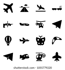 Solid vector icon set - plane vector, runway, arrival, baggage truck, boarding passengers, small, helicopter, paper fly, air balloon, butterfly, boomerang, toy