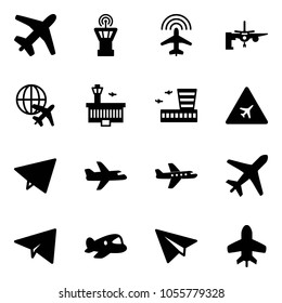 Solid vector icon set - plane vector, airport tower, radar, boarding passengers, globe, building, road sign, paper fly, toy