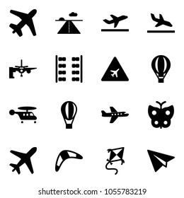 Solid vector icon set - plane vector, runway, departure, arrival, boarding passengers, seats, airport road sign, air balloon, helicopter, butterfly, boomerang, kite, paper