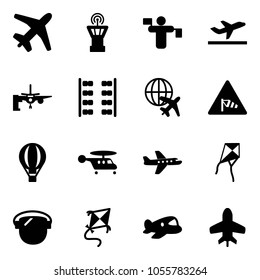 Solid vector icon set - plane vector, airport tower, traffic controller, departure, boarding passengers, seats, globe, side wind road sign, air balloon, helicopter, kite, protect glass, toy