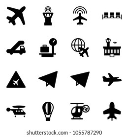 Solid vector icon set - plane vector, airport tower, radar, waiting area, trap truck, baggage scales, globe, building, road sign, paper fly, helicopter, air balloon, toy