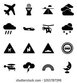 Solid vector icon set - plane vector, airport tower, runway, clouds, storm, small, helicopter, snowfall, road sign, abrupt turn right, artificial unevenness, no bus, rainbow, moon lamp