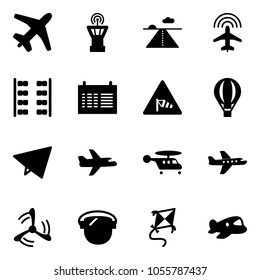 Solid vector icon set - plane vector, airport tower, runway, radar, seats, schedule, side wind road sign, air balloon, paper fly, helicopter, mill, protect glass, kite, toy