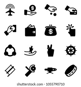 Solid vector icon set - plane radar vector, investment, card pay, cash, wallet, purse, hand touch, social, sproute, victory, wheel, bucksaw, Angular grinder, pipe welding, tambourine
