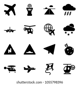 Solid vector icon set - plane vector, airport tower, runway, storm, helicopter, globe, snowfall, abrupt turn right road sign, artificial unevenness, paper fly, moon flag, kite, toy
