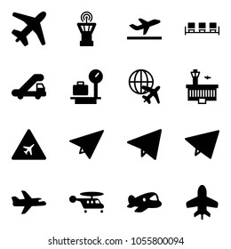 Solid vector icon set - plane vector, airport tower, departure, waiting area, trap truck, baggage scales, globe, building, road sign, paper, fly, helicopter, toy