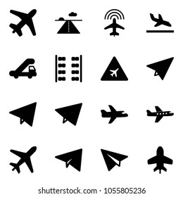 Solid vector icon set - plane vector, runway, radar, arrival, trap truck, seats, airport road sign, paper, fly, toy