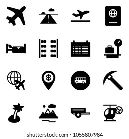 Solid vector icon set - plane vector, runway, departure, passport, hotel, seats, schedule, baggage scales, globe, dollar pin, bus road sign, rock axe, palm, mountains, trailer, helicopter toy