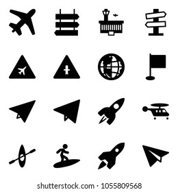 Solid vector icon set - plane vector, sign post, airport building, road signpost, intersection, globe, flag, paper, fly, rocket, helicopter, kayak, surfing