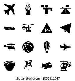 Solid vector icon set - plane vector, airport tower, traffic controller, runway, small, helicopter, side wind road sign, paper fly, ball, air balloon, protect glass, kite, toy