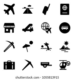 Solid vector icon set - plane vector, runway, suitcase, passport, duty free, trap truck, globe, bus road sign, job, beach, palm, pyramid, axe, trailer, helicopter toy