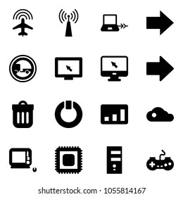 Solid vector icon set - plane radar vector, antenna, notebook connect, right arrow, no trailer road sign, monitor cursor, trash bin, standby, statistics, cloud, monoblock pc, cpu, server, gamepad