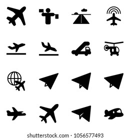 Solid vector icon set - plane vector, traffic controller, runway, radar, departure, arrival, trap truck, helicopter, globe, paper, fly, toy