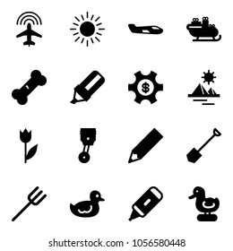 Solid vector icon set - plane radar vector, sun, small, santa sleigh, broken bone, highlight marker, money managemet, pyramid, tulip, piston, pencil, shovel, farm fork, duck toy