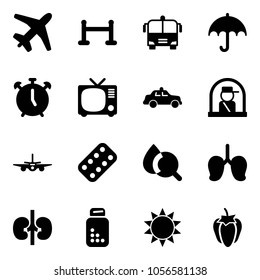 Solid Vector Icon Set - Plane Vector, Vip Zone, Airport Bus, Alarm Clock, Tv, Safety Car, Officer Window, Pills Blister, Blood Test, Lungs, Kidneys, Bottle, Sun, Sweet Pepper