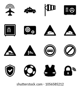 Solid vector icon set - plane radar vector, safety car, side wind, safe, climb road sign, steep descent, embankment, no bus, parking, shield check, lifebuoy, life vest, wireless lock