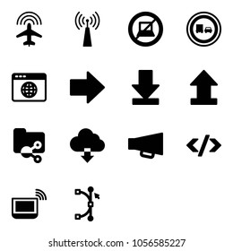 Solid vector icon set - plane radar vector, antenna, no computer sign, truck overtake road, browser globe, right arrow, download, uplooad, shared folder, cloud, loudspeaker, tag code, notebook wi fi