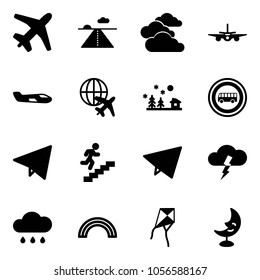 Solid vector icon set - plane vector, runway, clouds, small, globe, christmas landscape, no bus road sign, paper fly, career, storm, rain cloud, rainbow, kite, moon lamp