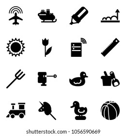 Solid vector icon set - plane radar vector, santa sleigh, highlight marker, growth, sun, tulip, server wireless, ruler, farm fork, laser lever, duck toy, shovel bucket, train, unicorn stick