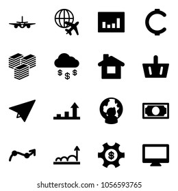 Solid vector icon set - plane vector, globe, statistics, cent, big cash, money rain, home, basket, paper, growth arrow, man, chart point, managemet, monitor