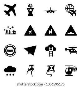 Solid vector icon set - plane vector, airport tower, globe, christmas landscape, road sign, abrupt turn right, artificial unevenness, no bus, paper fly, cloud ladder, helicopter, rain, kite, toy