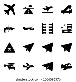 Solid vector icon set - plane vector, runway, departure, trap truck, boarding passengers, small, seats, airport building, road sign, paper, fly, helicopter, toy