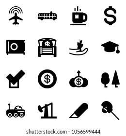 Solid vector icon set - plane radar vector, airport bus, tea, dollar, safe, money chest, hand sproute, graduate hat, check, growth, forest, moon rover, oil derrick, work knife, horse stick toy