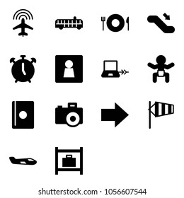 Solid vector icon set - plane radar vector, airport bus, plate spoon fork, escalator down, alarm clock, female wc, notebook connect, baby, passport, camera, right arrow, side wind, small