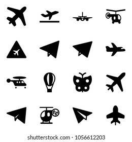 Solid vector icon set - plane vector, departure, helicopter, airport road sign, paper fly, air balloon, butterfly, toy